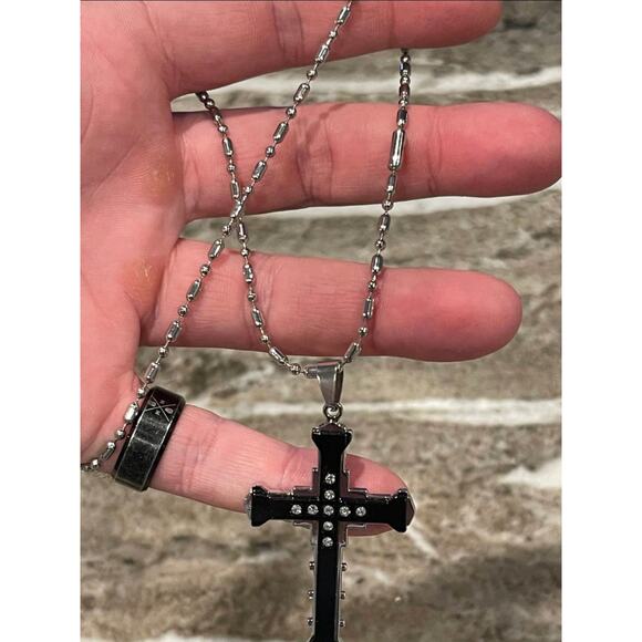 Mens Steel Cross 24 in  Pendant Necklaces Stainless Zircon Gift for Graduation - Picture 2 of 8